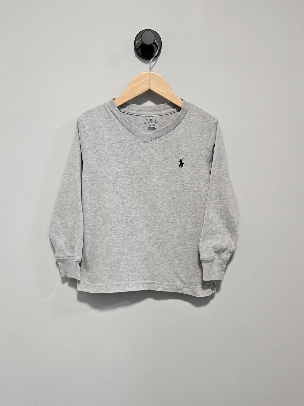 Ralph Lauren Kids' Long-Sleeve V-Neck Tee in Light Gray with Navy Pony